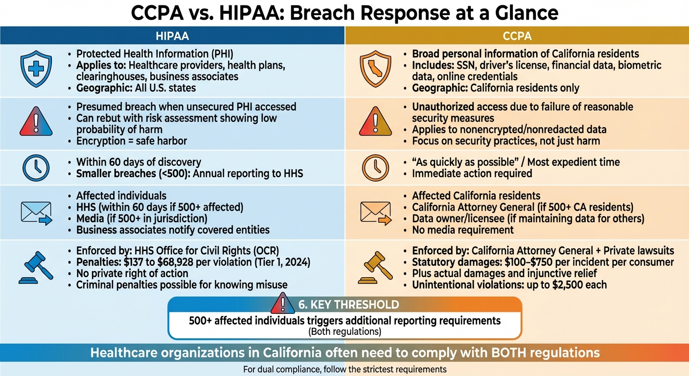 CCPA vs HIPAA Breach Response Requirements Comparison Chart