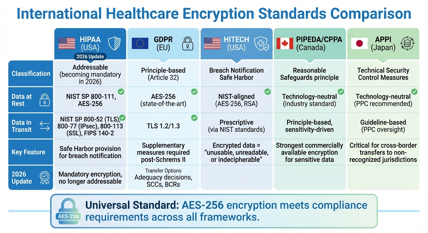 International Healthcare Encryption Standards Comparison: HIPAA, GDPR, HITECH, PIPEDA, and APPI Requirements