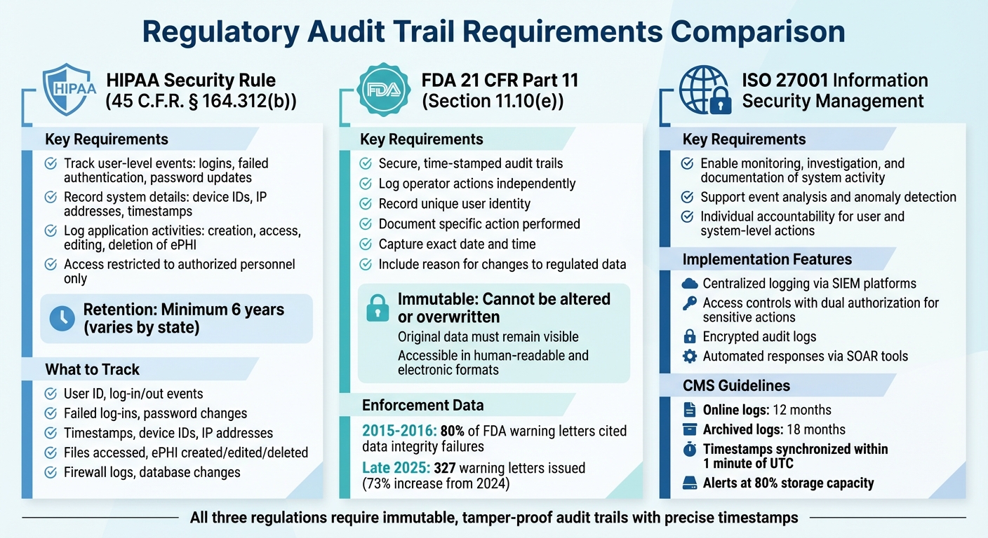 HIPAA, FDA 21 CFR Part 11, and ISO 27001 Audit Trail Requirements Comparison