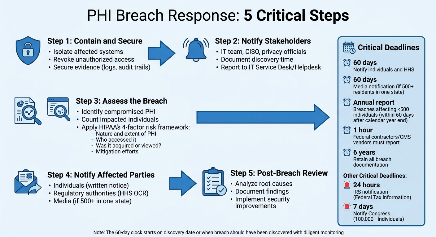 5-Step PHI Breach Response Process with HIPAA Notification Deadlines