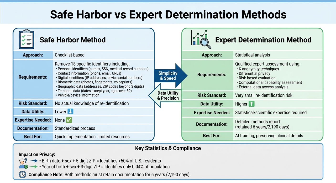 HIPAA Safe Harbor vs Expert Determination De-Identification Methods Comparison