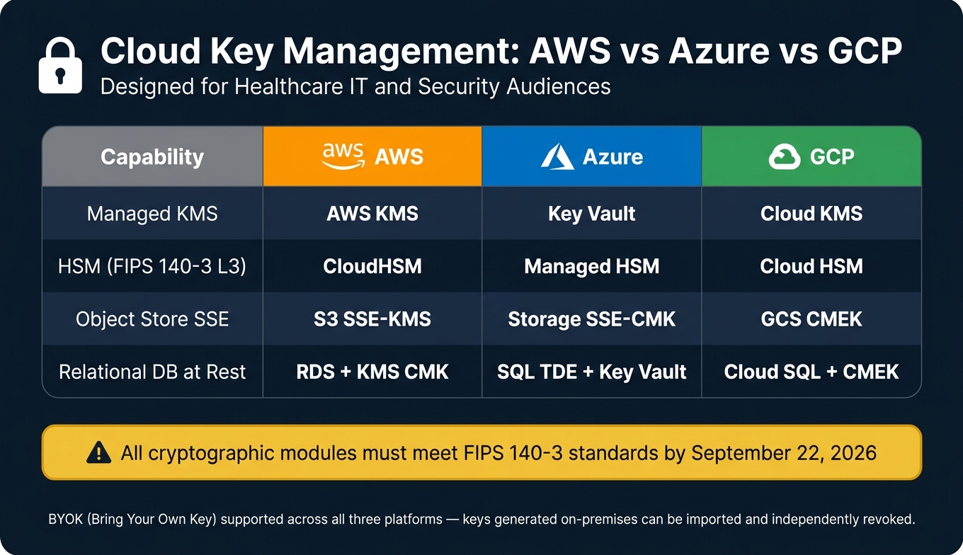 Cloud KMS & HSM Comparison: AWS vs Azure vs GCP for PHI Key Management