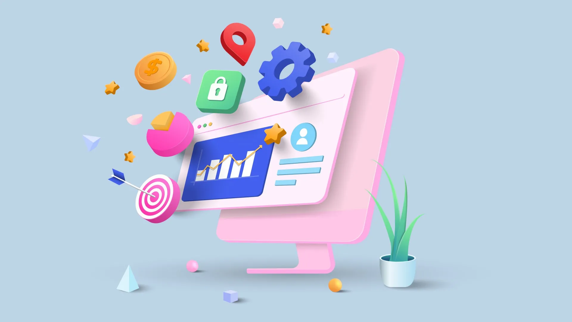 3D illustration of a pink computer monitor with floating icons including a chart with rising graph, a target with an arrow, a lock, a location pin, a coin, and a gear, set against a light blue background with a small potted plant beside it.