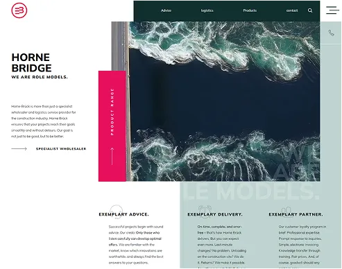 Aerial view of turbulent ocean waves with white foam against dark blue water, displayed alongside text about Horne Bridge's specialist wholesale and logistics services.