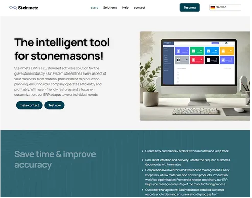 Website homepage of Steinmetz ERP showing a computer screen with software dashboard and text introducing an intelligent tool for stonemasons.