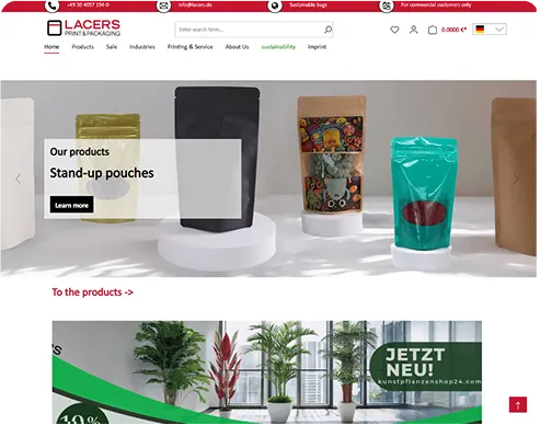 E-commerce webpage featuring stand-up pouches in various colors and designs displayed on white cylindrical stands.