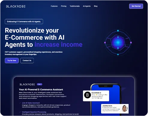 Website homepage for BlackRobe promoting AI-powered e-commerce agents to increase income, with navigation menu and call-to-action buttons.