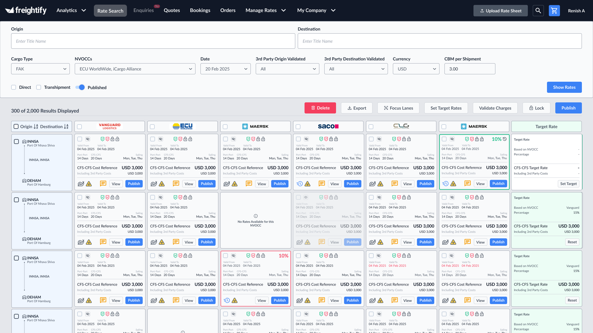 LCL Pricing Matrix results view