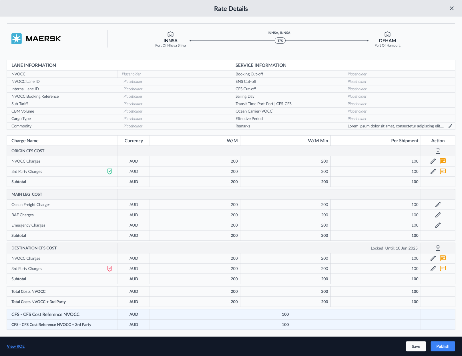 Rate details charge breakdown