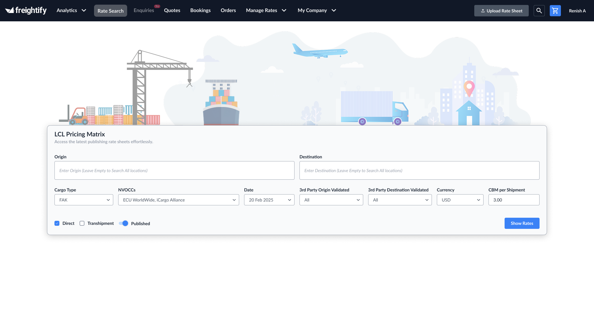 LCL Pricing Matrix search interface
