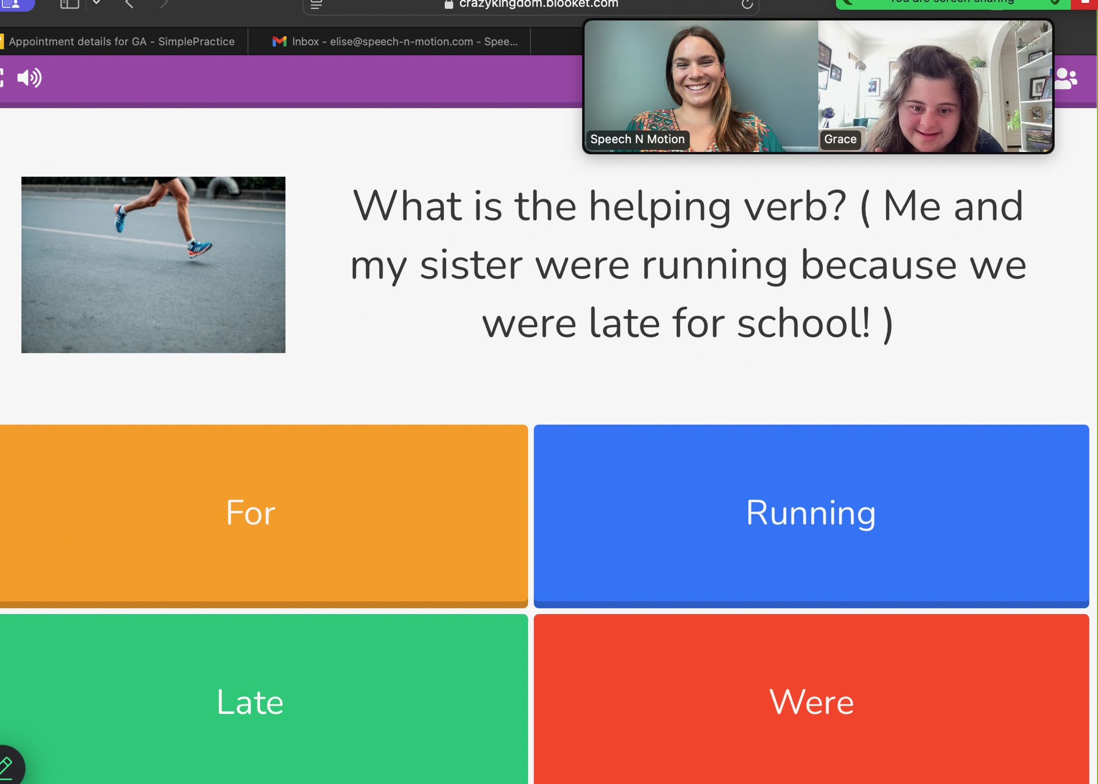 Speech-language pathologist conducting a virtual speech therapy session via Zoom with a child, using interactive on-screen activities.