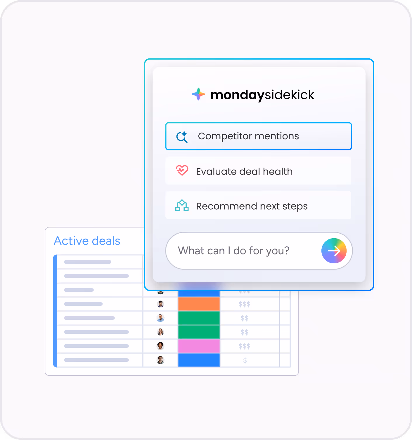 AI CRM assistant interface showing competitor insights, deal health, and recommended next steps