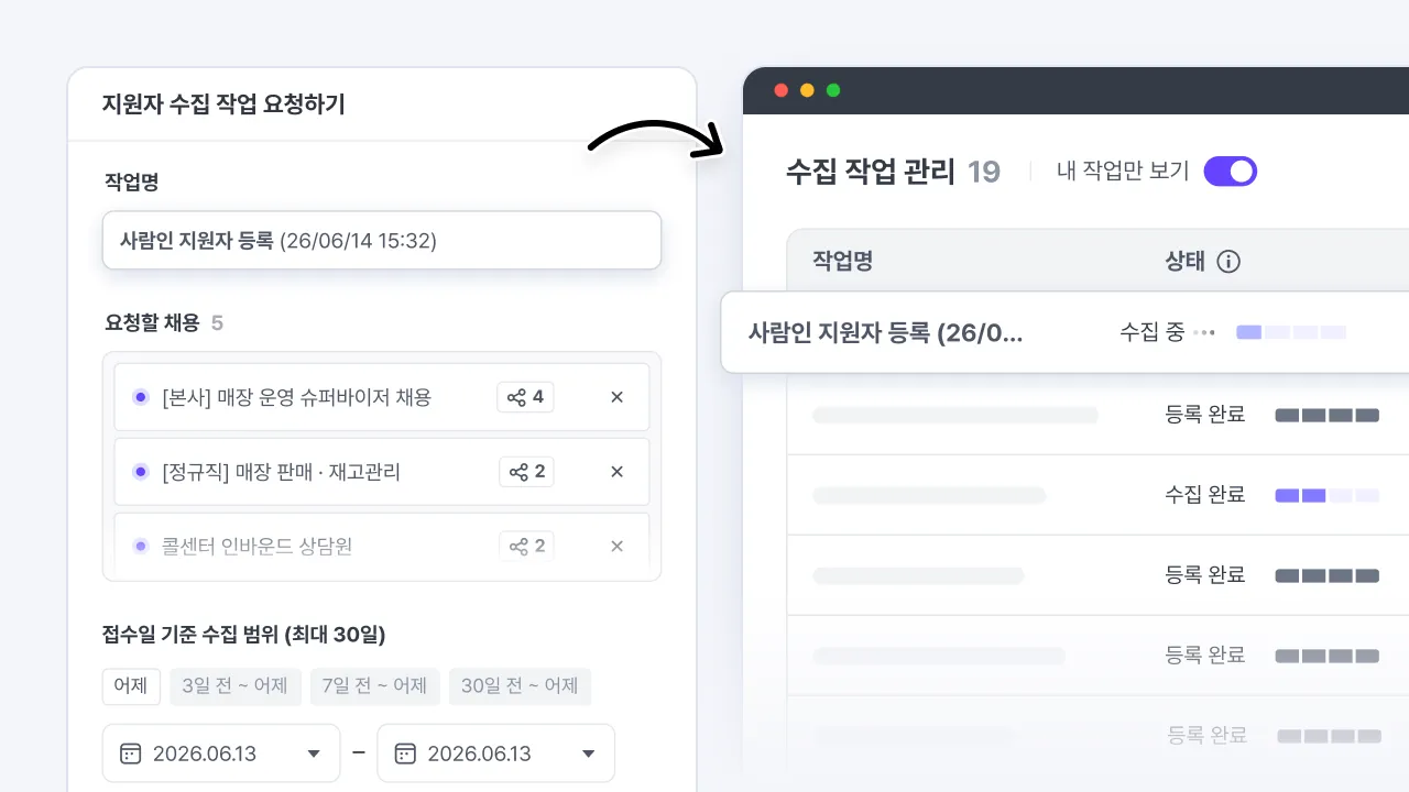 나인하이어에서 사람인 지원자 수집 작업을 요청하고 수집 작업 관리에서 진행 상태를 확인하는 화면