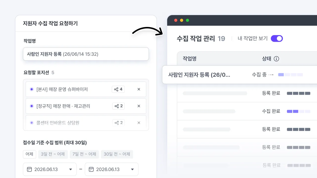 나인하이어에서 사람인 지원자 수집 작업을 요청하고 수집 작업 관리에서 진행 상태를 확인하는 화면