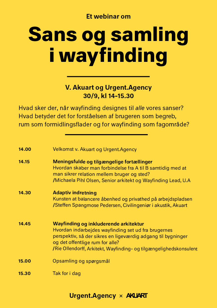 Sort tekst på gul baggrund med overskriften Sans og samling i wayfinding