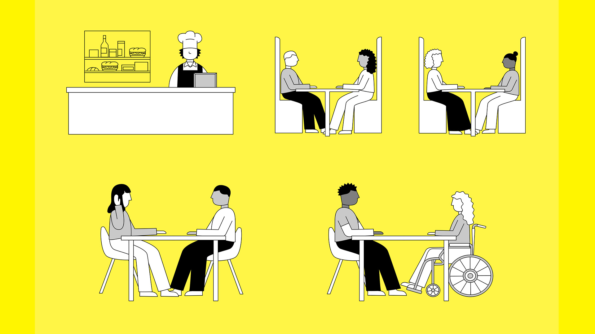 Illustration af forskellige typer mennesker, der spiser mad i en kantine. Nogle sider i båse, andre ved borde. Nogle på stole, en i en kørestol.