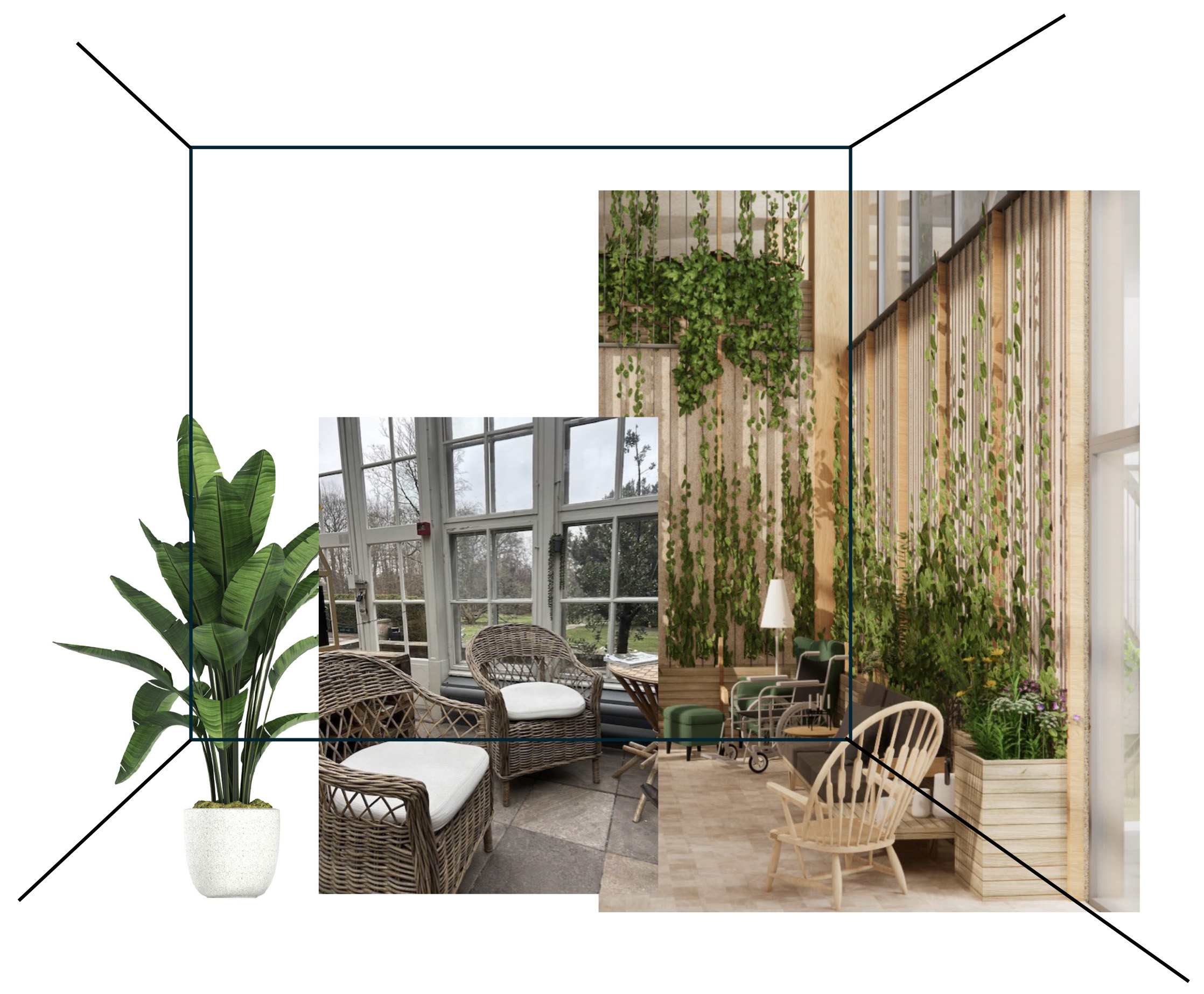 Fotocollage indsat i en rumlig omridsstruktur af et opholdsrum med store vinduer og divsrse siddepladser samt en fritstående potteplante i forgrunden.