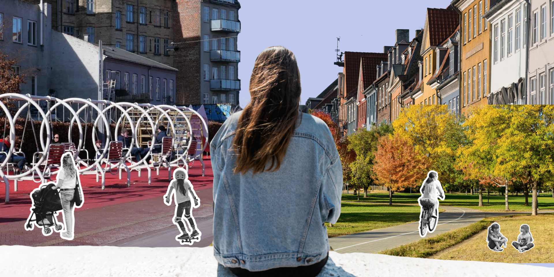foto collage med en kvinde set fra ryggen, som kigger på en plads med nogle gynger, træer som omkranses af huse