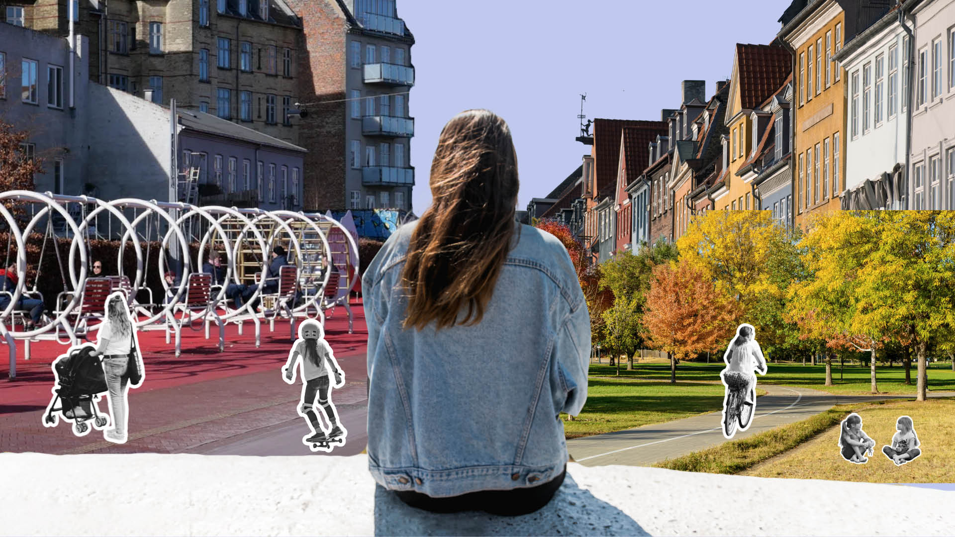 Fotocollage af byrum med legeplads, park og cykelsti, hvor kvinder færdes, set fra en person siddende i forgrunden med ryggen til.