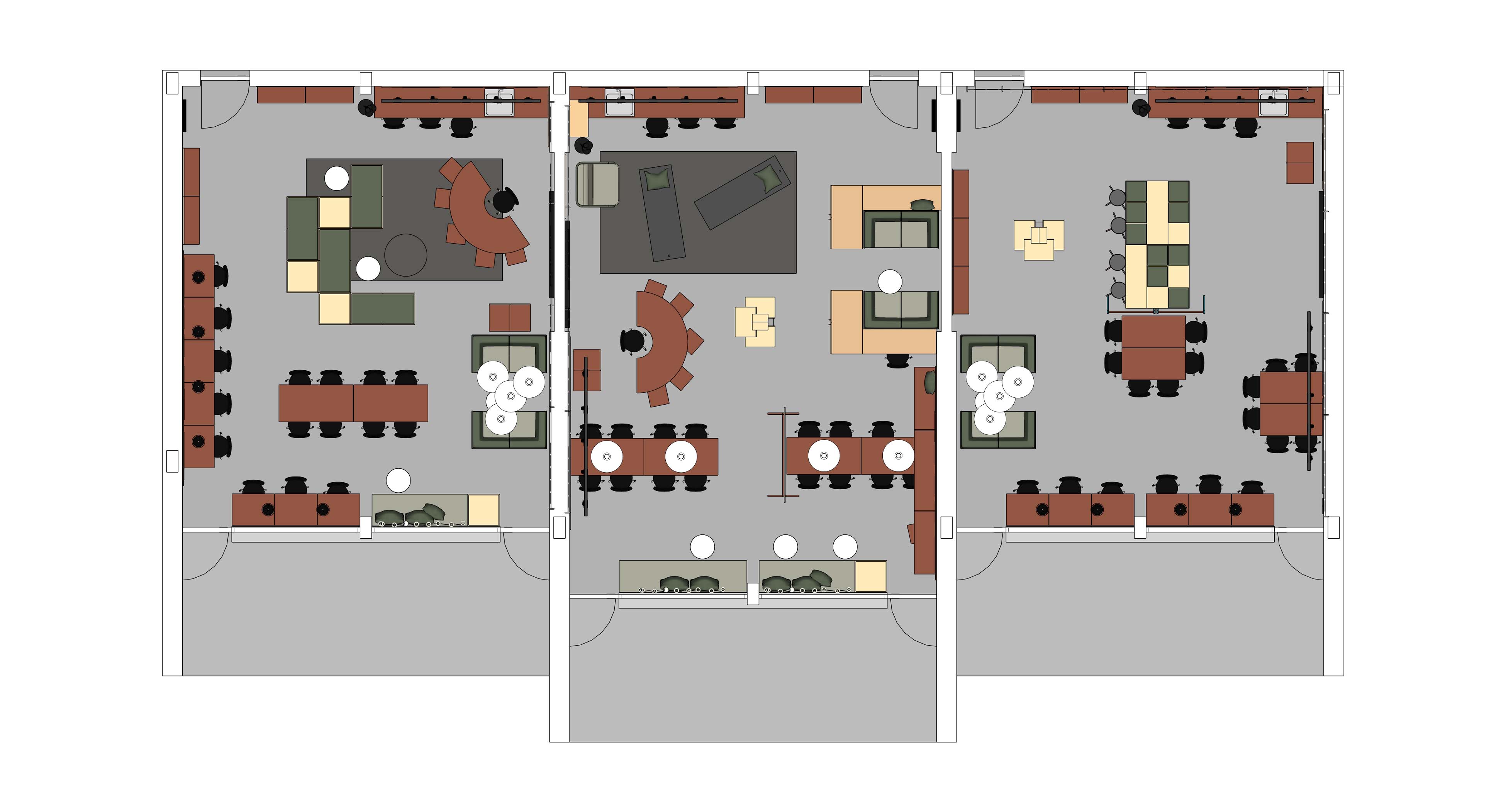 Plantegning af tre rum, med flere zoner til gruppearbejde, individuelle arbejdspladser og fælles opholds- og mødeområder.
