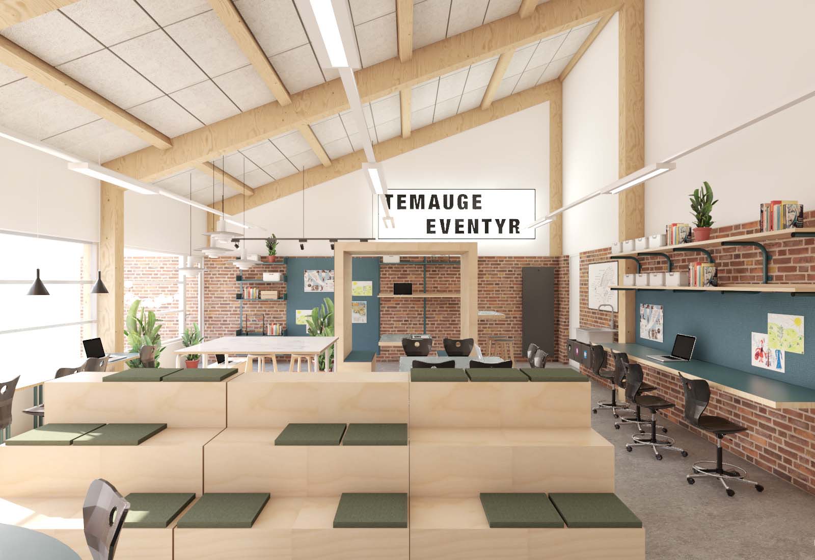 Visualisering af åbent fælles læringsrum med trappeformede siddepladser, arbejdsstationer langs væggen og hylder med bøger og planter.