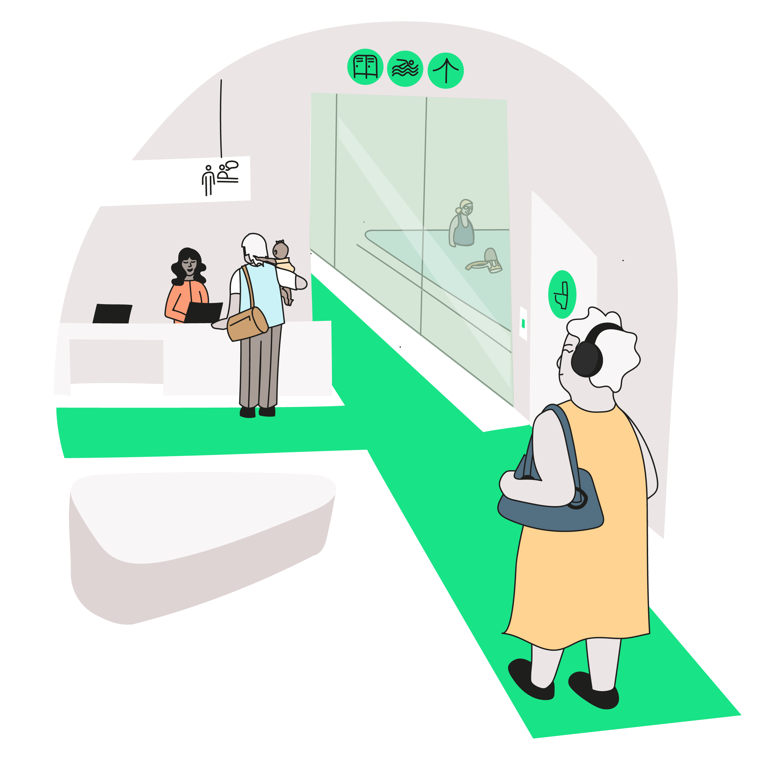 Illustration af indgangsområde med reception, grøn ledelinje på gulvet og adgang til svømmehal bag glas.
