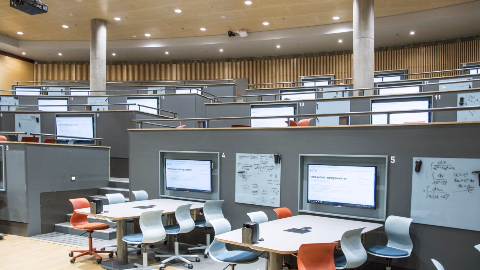 Gruppeborde med en skærm for enden af borde på en væg placeret i flere niveauer i et stort auditorium