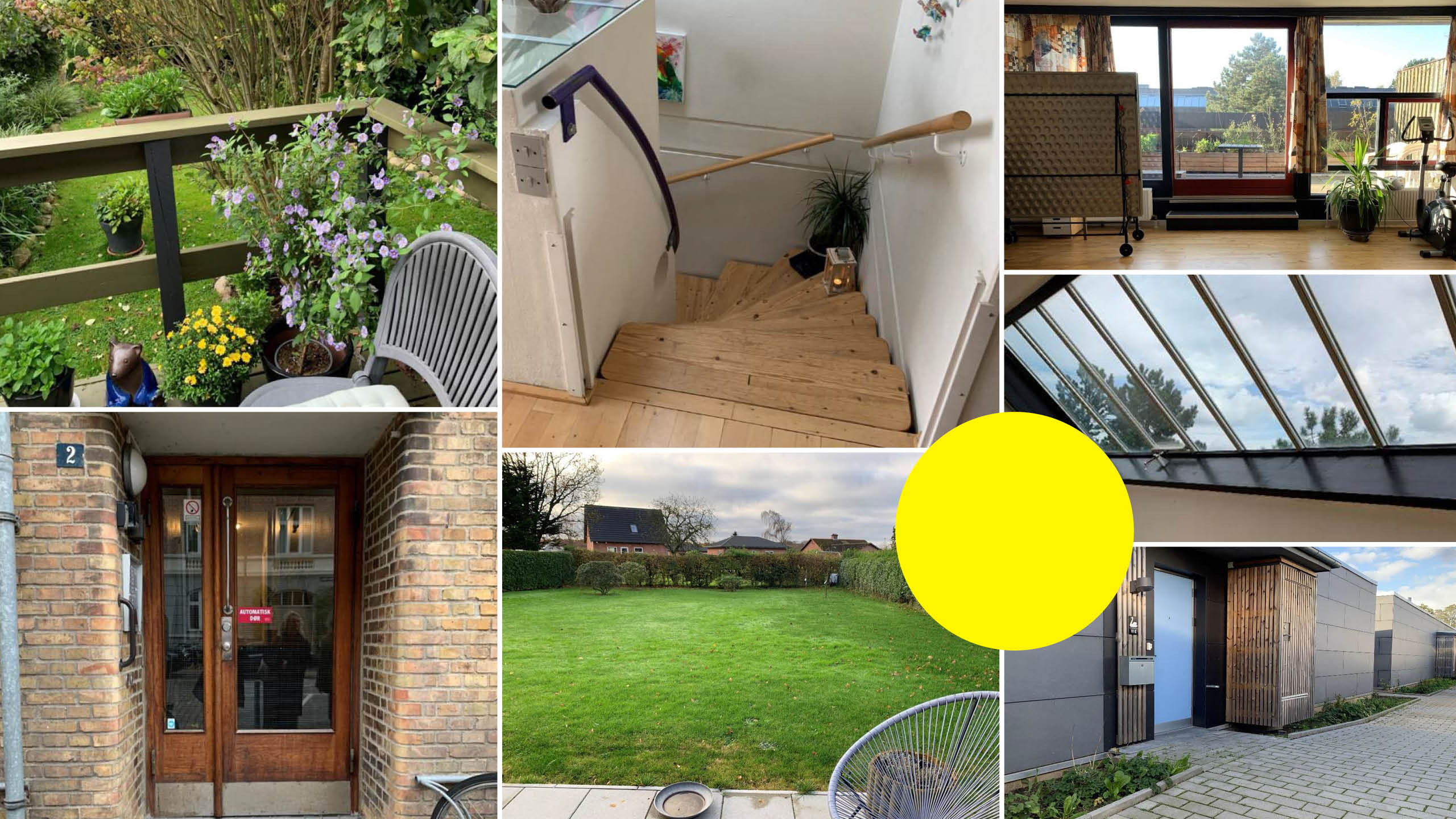 Collage af forskellige boligområder og fællesfaciliteter, herunder terrasse, trappe, opholdsrum, glastag, indgangsparti og grønne udendørsarealer.