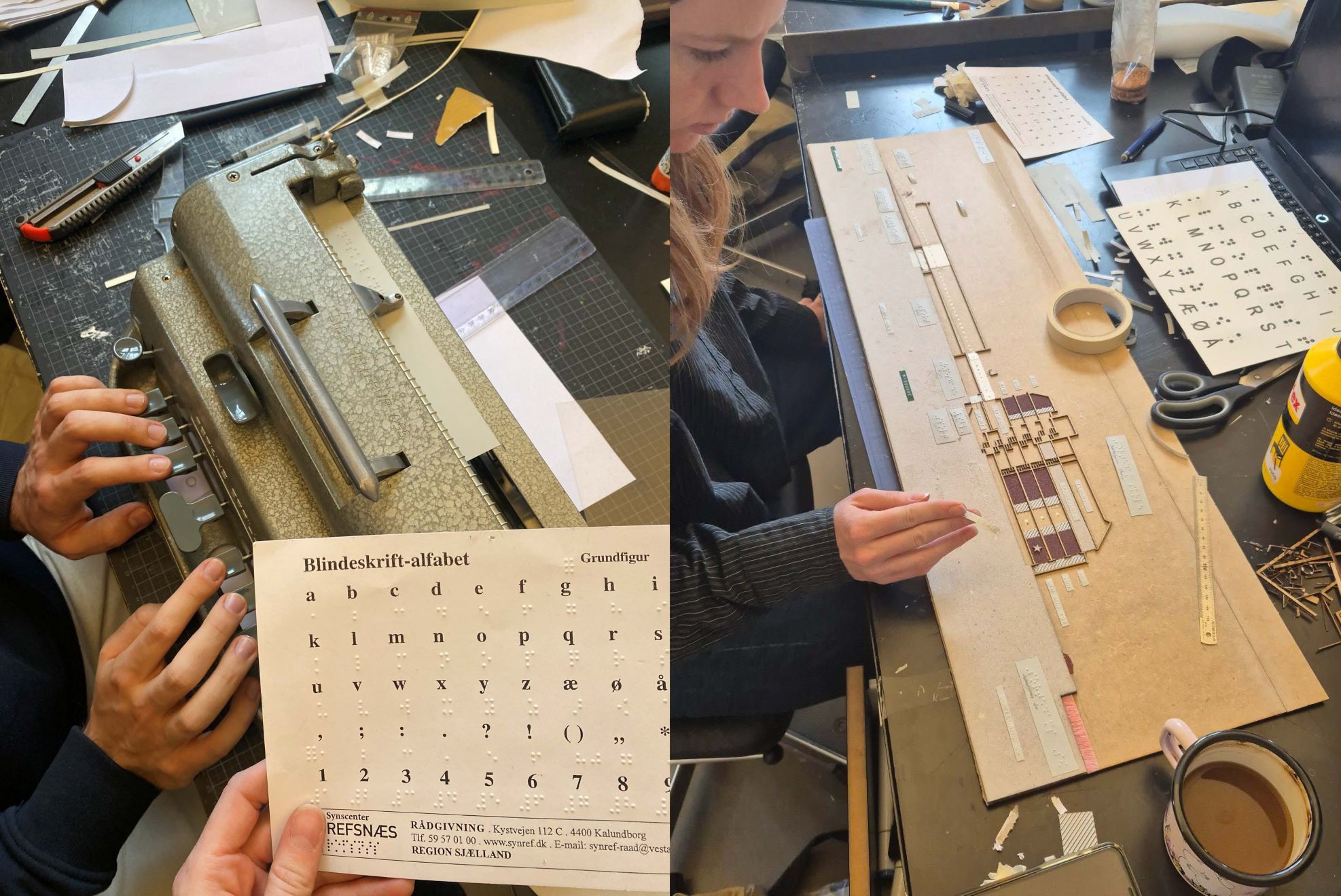 Til venstre ser man Jeppe skrive på en brailleskrivemaskine. Til højre Emilie arbejde på et taktilt snit af en bygning med brug af tekster i braille.