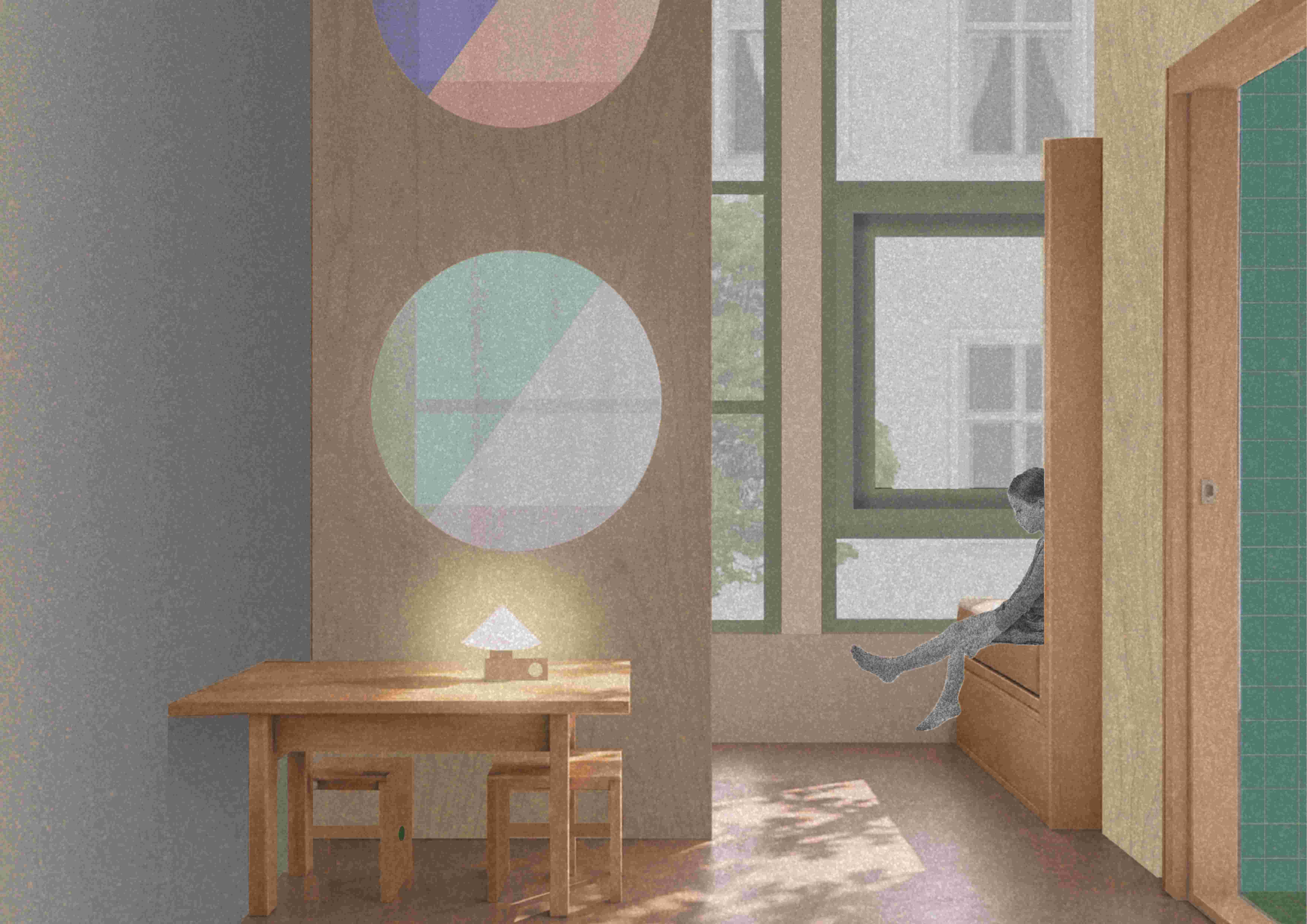 tegning: kig i et rum mod en vindue og en væg med farvet glas. Til vestre et bord med skamler og en bordlampe. Til højre en dør mod et badeværelse. En pige sidder på en seng ved et vindue. 
