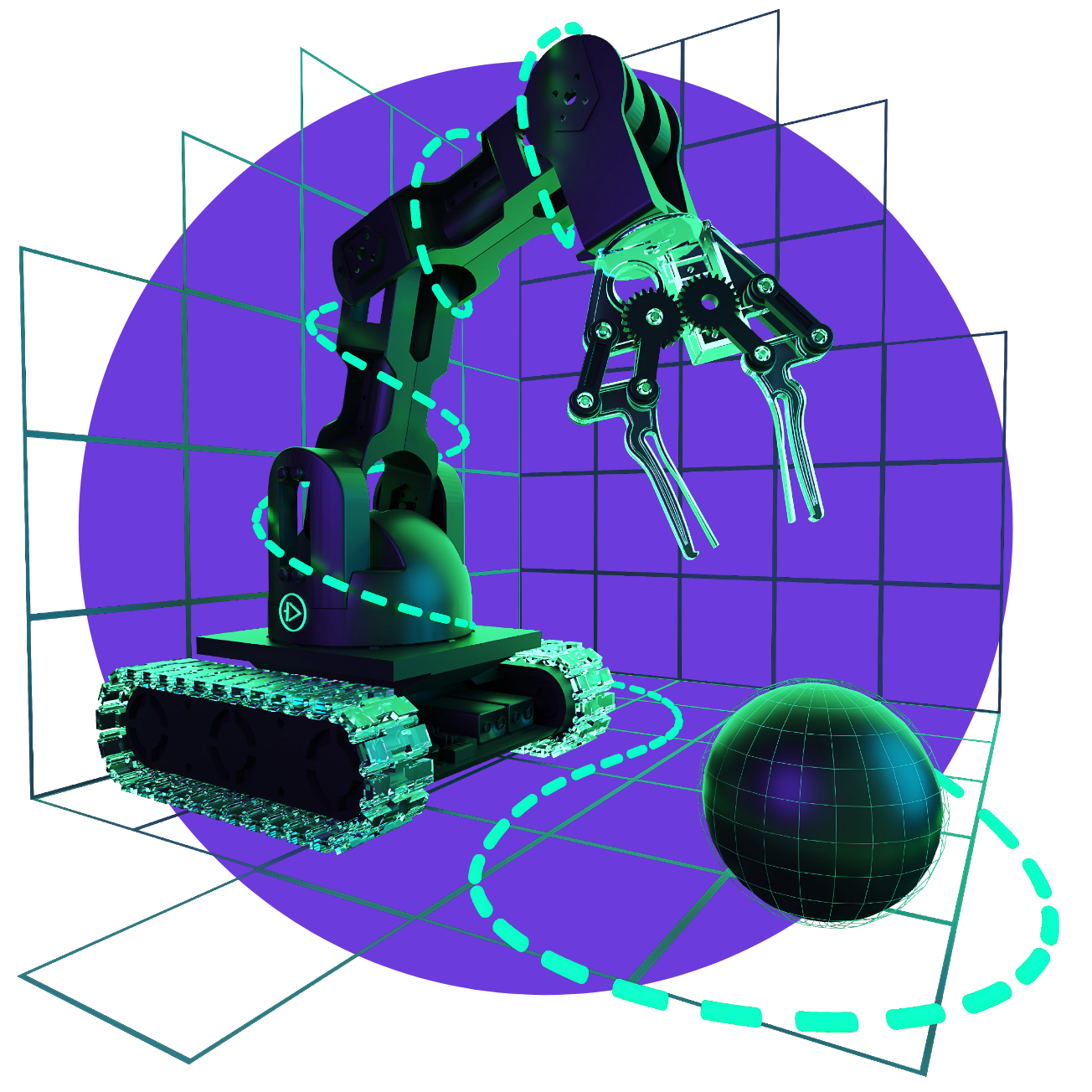 A 3D render of a robotic arm picking up a ball in digital space. 