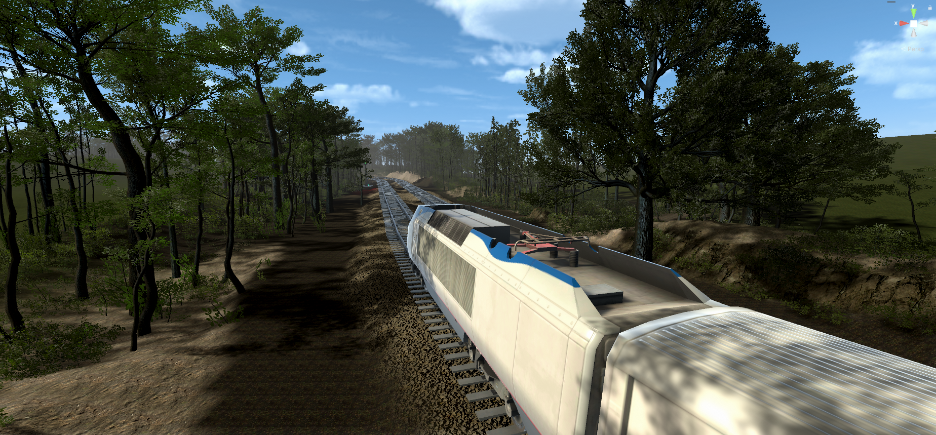A 3D rendered scene of a train derailment within a virtual reality application. 
