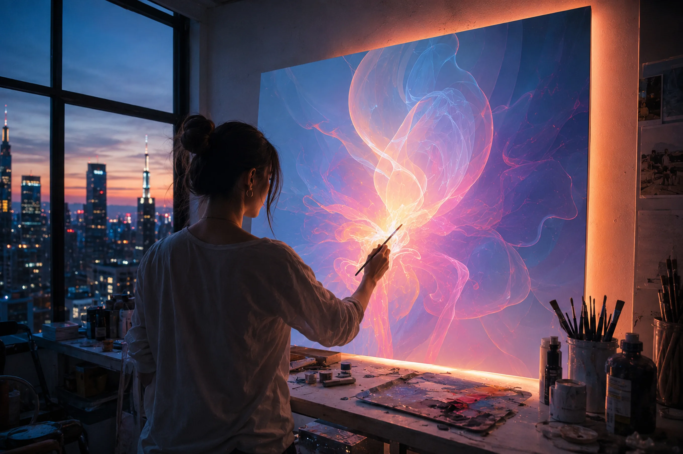 Man creating something in front of a canvas in a magical way.