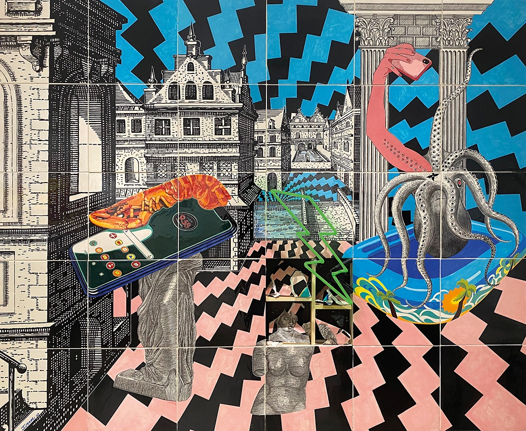 From the A veces es para siempre (Sometimes it's forever) Series There is no lighting Bolt that does not come for Good, 2020 Ceramic mural, neón light and wood | 60 x 72 inches