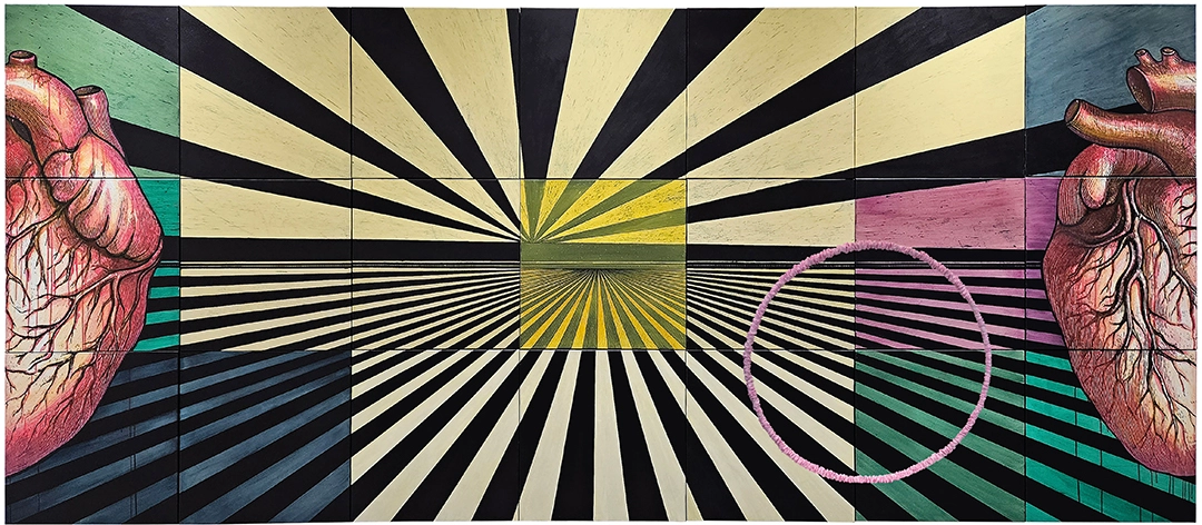 From the Certeza (Certainty) Series: Mundos paralelos (Parallel Worlds), 2023 21-panel Mural. Mixed Media, metal and Fiber on Canvas | 60 x 144 inches Individual Panels 20 x 20 inches