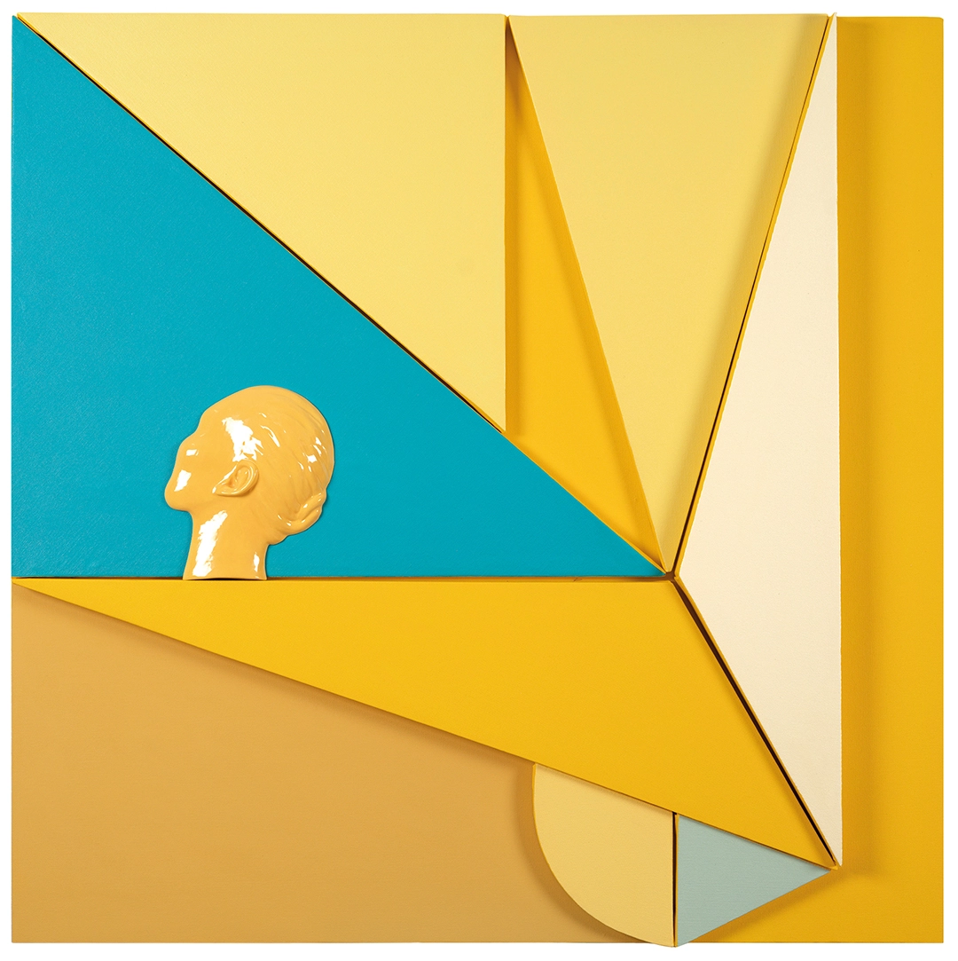 From the Plano y volumen (Plane and Volume) Series: Woman II and I, 2022 Mixed Media, Acrylic, Wood and Ceramic on Canvas | 37½ × 37½ Inches (each)