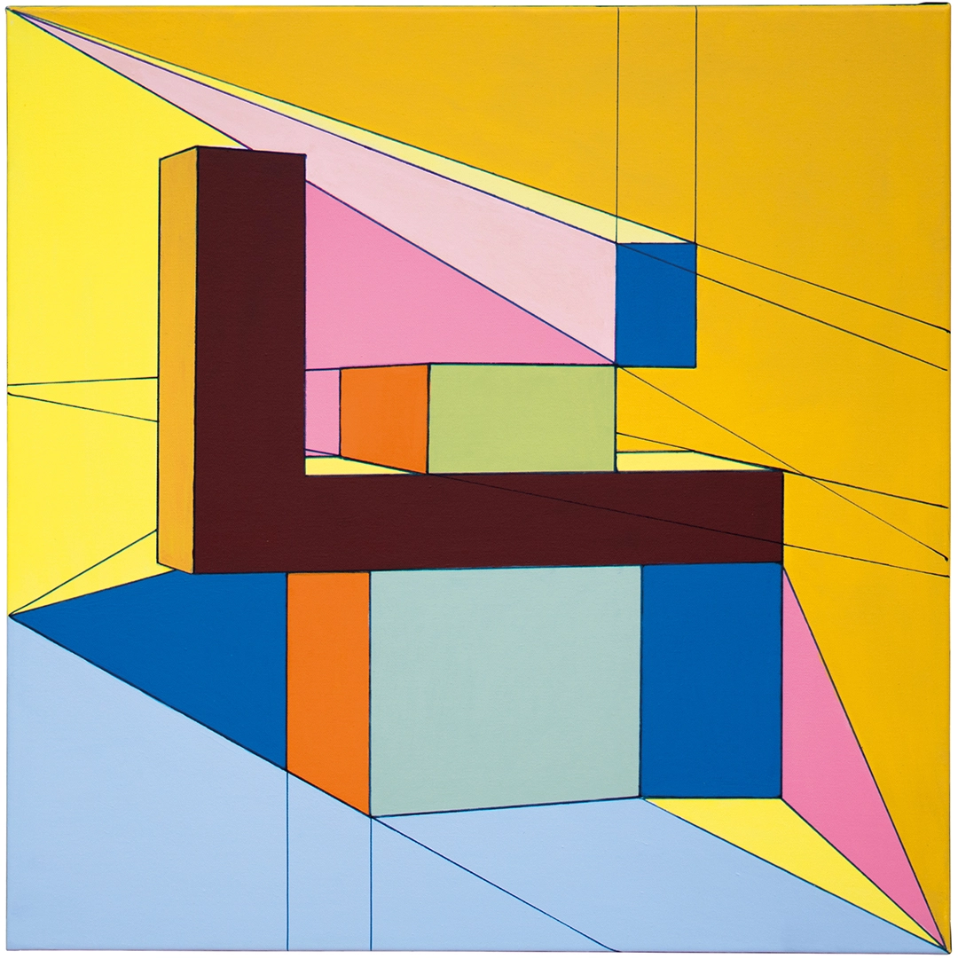 From the Plano y volumen (Plane and Volumen) Series: Coincidencias (Coincidences) I, 2024 Mixed Media and Acrylic on Canvas | 21 x 21 Inches