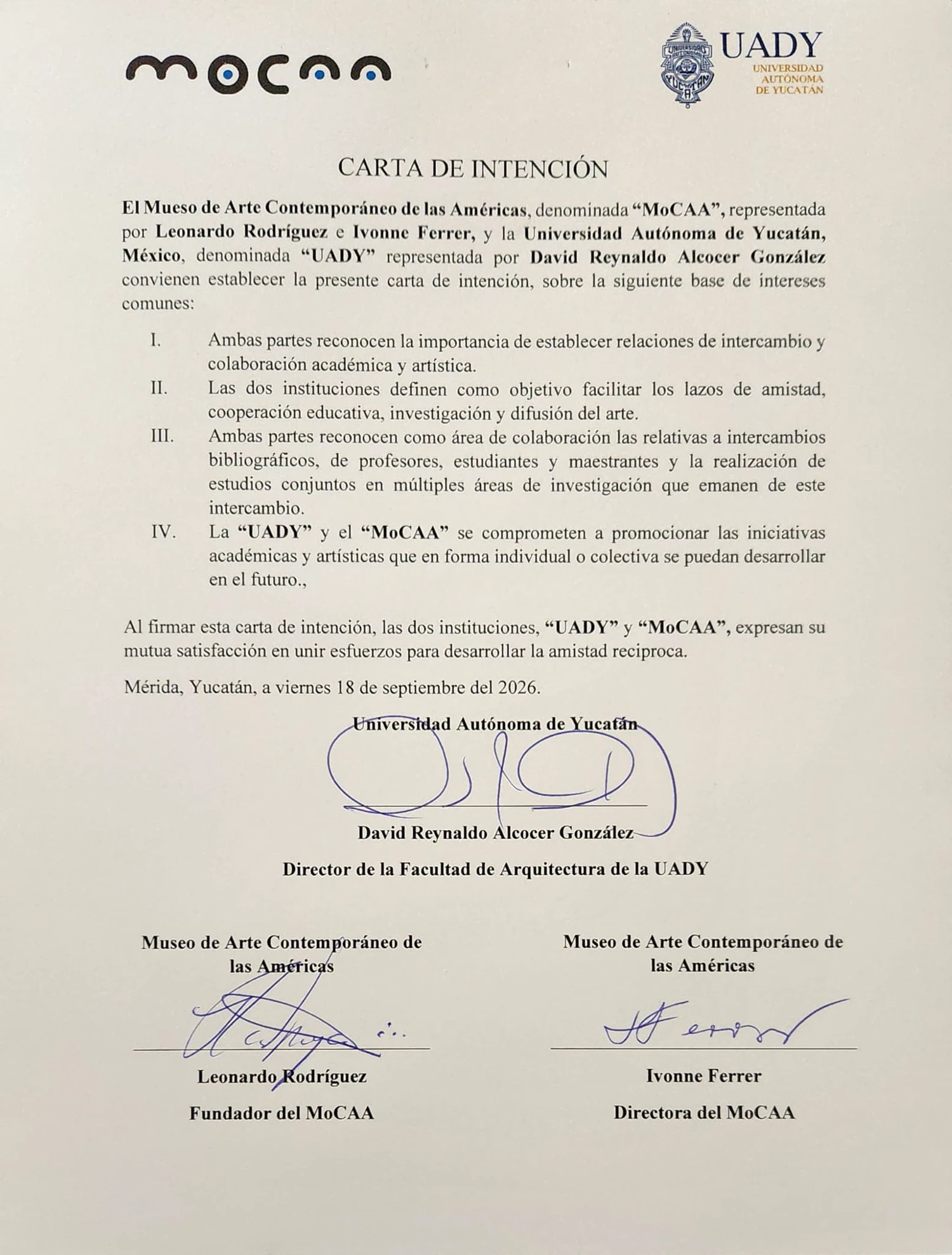 Signed letter of intent between MoCAA and the UADY Facultad de Arquitectura, Habitat, Art and Design