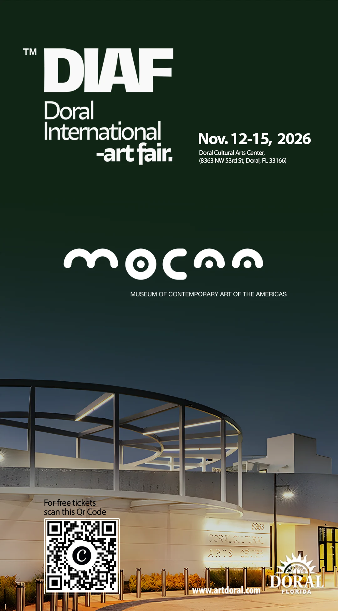 DIAF 2026 promotional graphic with MoCAA logo and QR code for free tickets