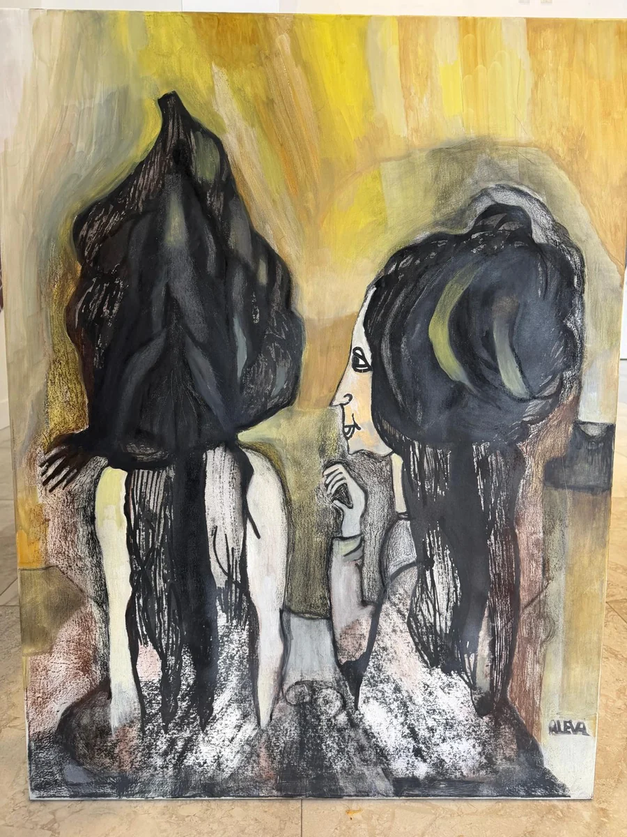 Work by Alejandro Lorenzo Valdés (ALEVAL): two long-haired figures in profile against a yellow background.