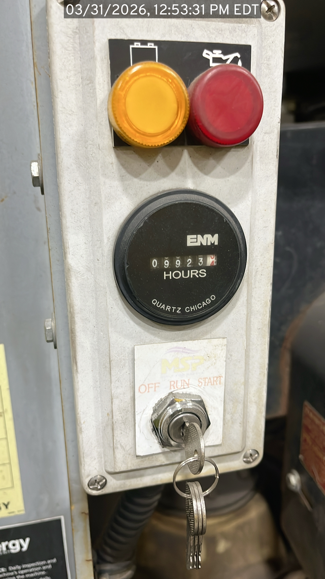 Image of the used 8inch DD Trailer Mount pump offered for sale. (Closeup showing the "Hours" guage with a reading of 9.923)