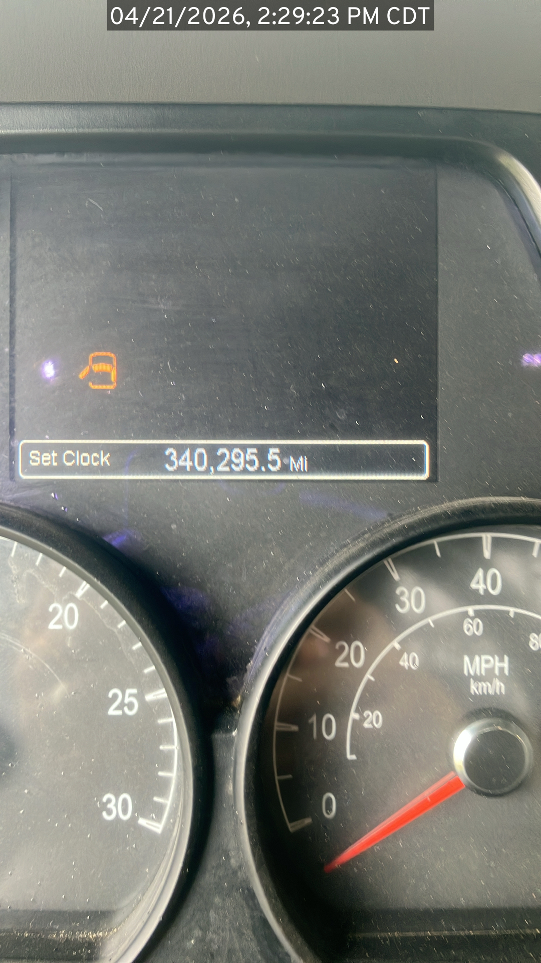 Photo: Odometer reading from the Peterbilt 579 listed for sale. Shows odometer reading of 340,295.5 miles with a timestamp (April 21, 2026, 2:29:23 PM CDT)