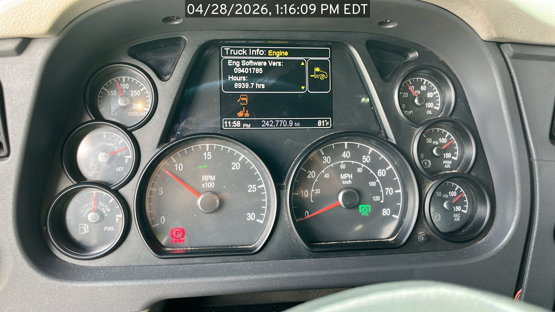 Photo of the Peterbilt 567 listed for sale, timestamped image of the odometer showing a reading of 242,770.9 miles and timestamp of April 28, 2026 at 1:16:09 PM EDT