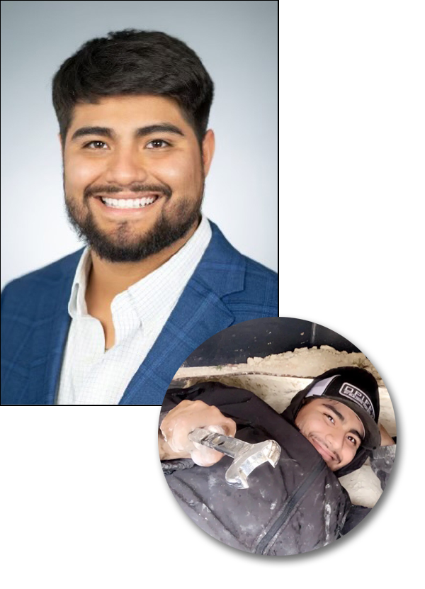 Jose Villegas' professional headshot with a nested image of him on the job in his early career.