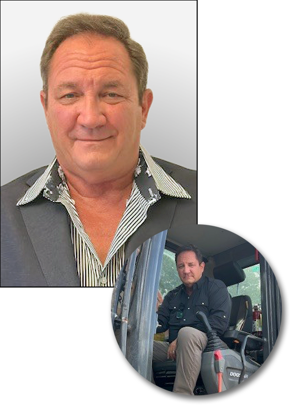 Michael "Smitty" Smith's professional headshot with a nested image of him on the job in his early career.