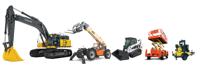 Image of a five pieces of our equipment lined up. An excavator, a reaching forklift, a wheeled skid steer, a scissor lift, a high-head pump.