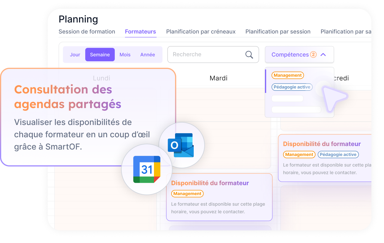 Illustration de l'agenda des organismes de formations grâce à SmartOF permettant de trouver rapidement le bon formateur en fonction d'un filtre multicritères.