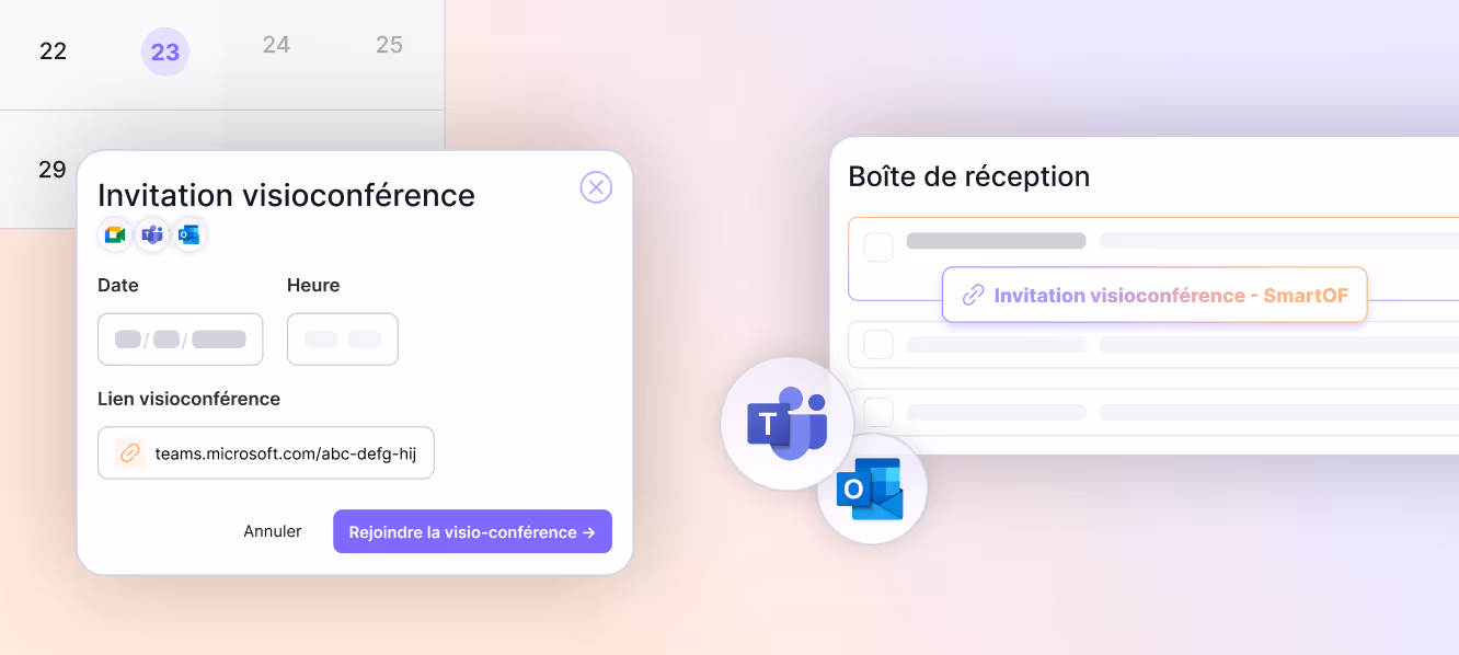 Illustration d'une invitation à une visioconférence vers Teams et Outlook directement depuis SmartOF.