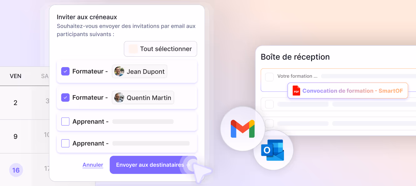 Illustration d'une invitation de calendrier vers des agendas connectés directement depuis SmartOF.
