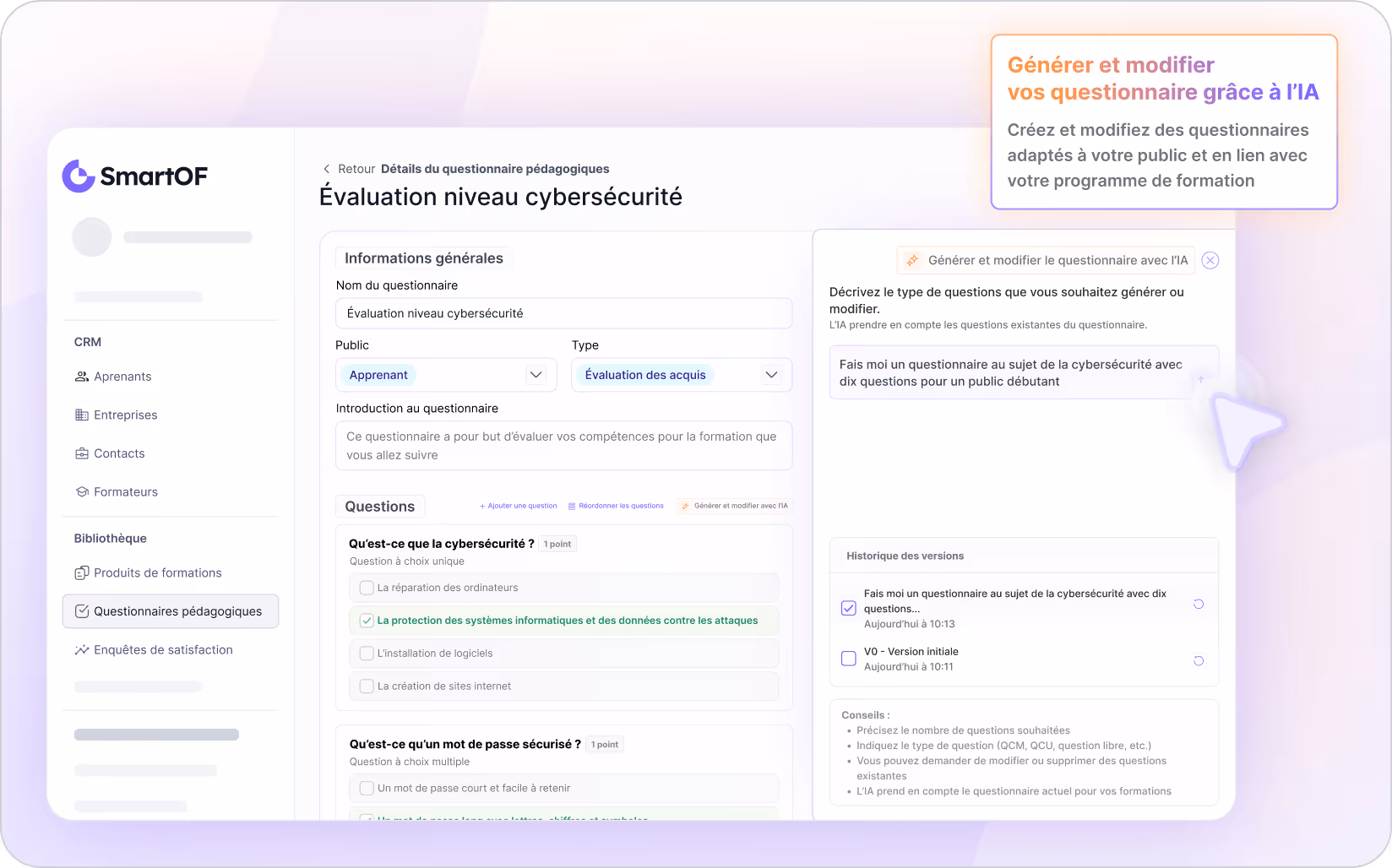Générez automatiquement vos questionnaires et QCM grâce à l'assistant IA de SmartOF.